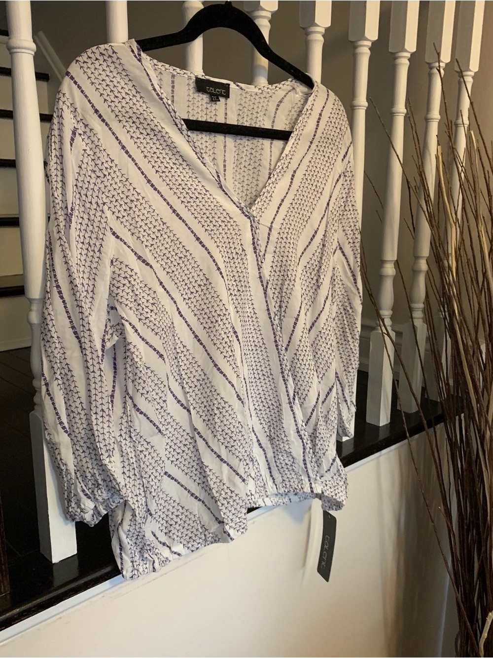 White and Purple V-Neck Printed Blouse